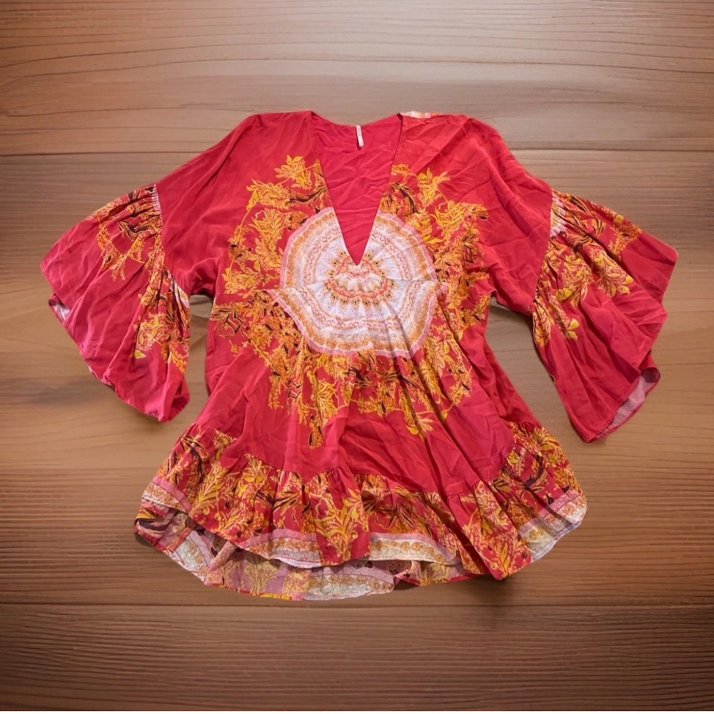 Free People Women’s Pink Floral Top Ruffles Asymmetrical S Boho Bohemian Hippie